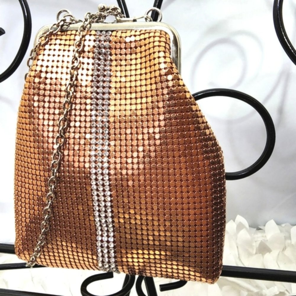 Vintage Vera May bag gold glomesh tall clutch 12x14 cm